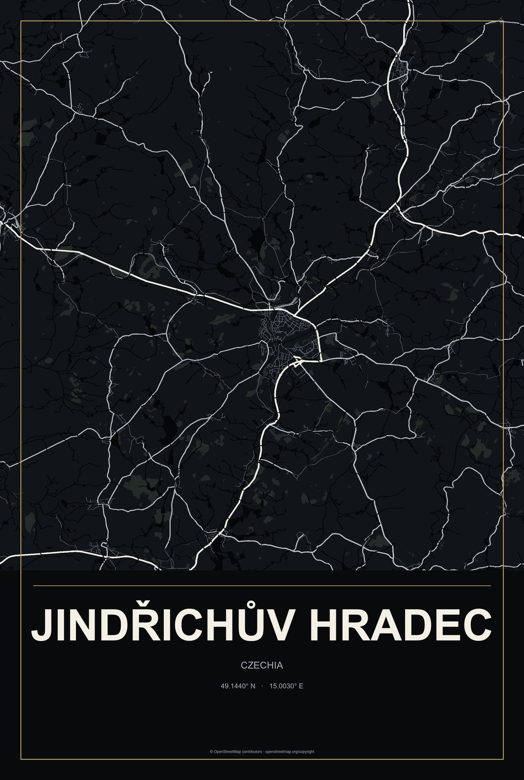 Jindřichův Hradec, Czechia City Map Aluminum Sign in Metropolitan Noir style