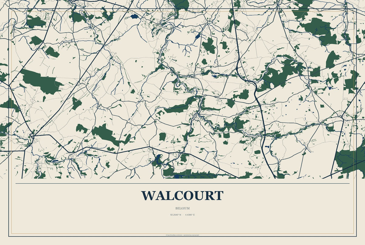 Walcourt, Belgium City Map Aluminum Sign in Coastal Cutout style