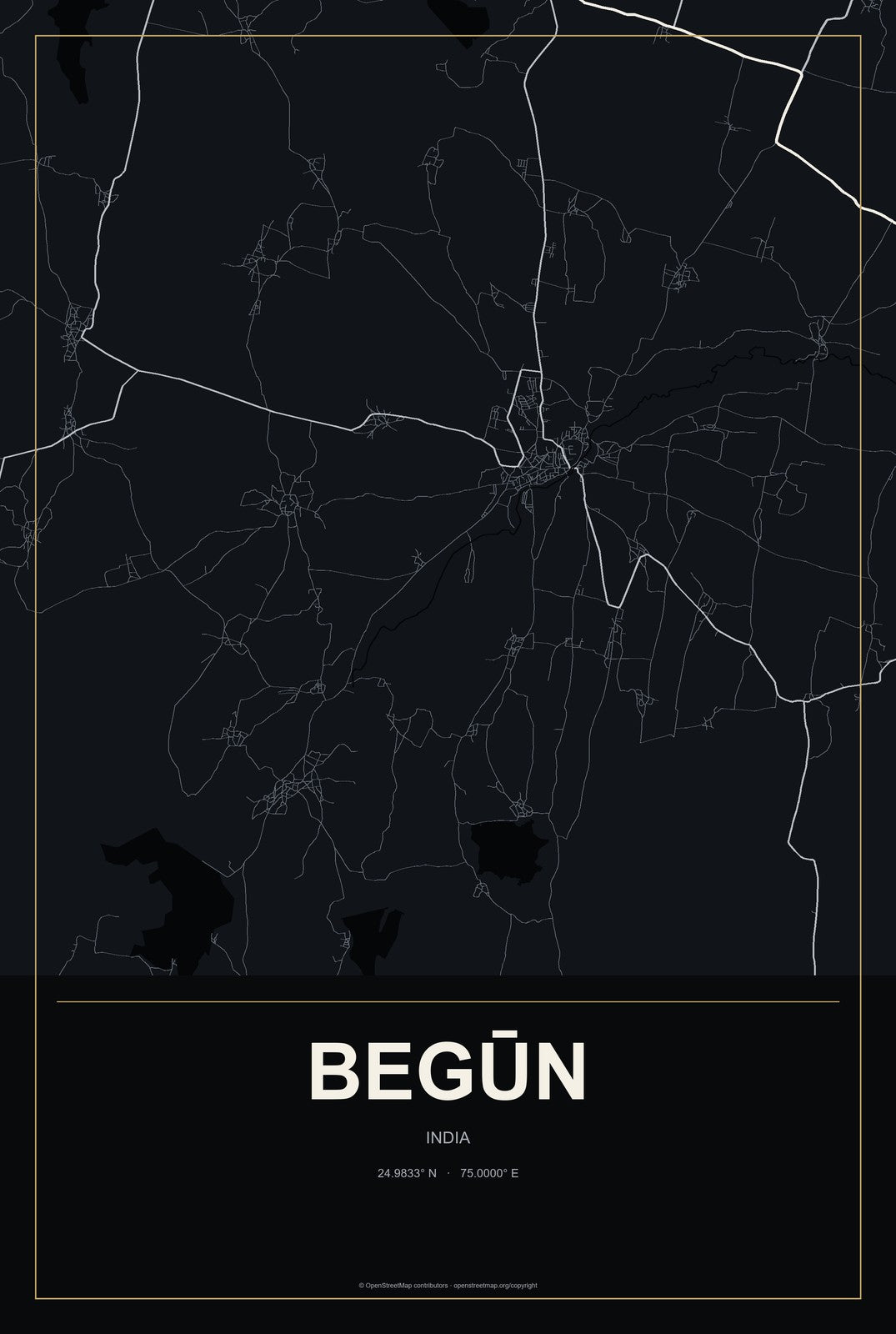 Begūn, India City Map Aluminum Sign in Metropolitan Noir style