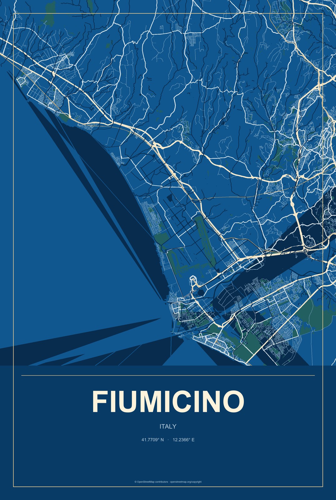 Fiumicino, Italy City Map Aluminum Sign in Harbor Cobalt style