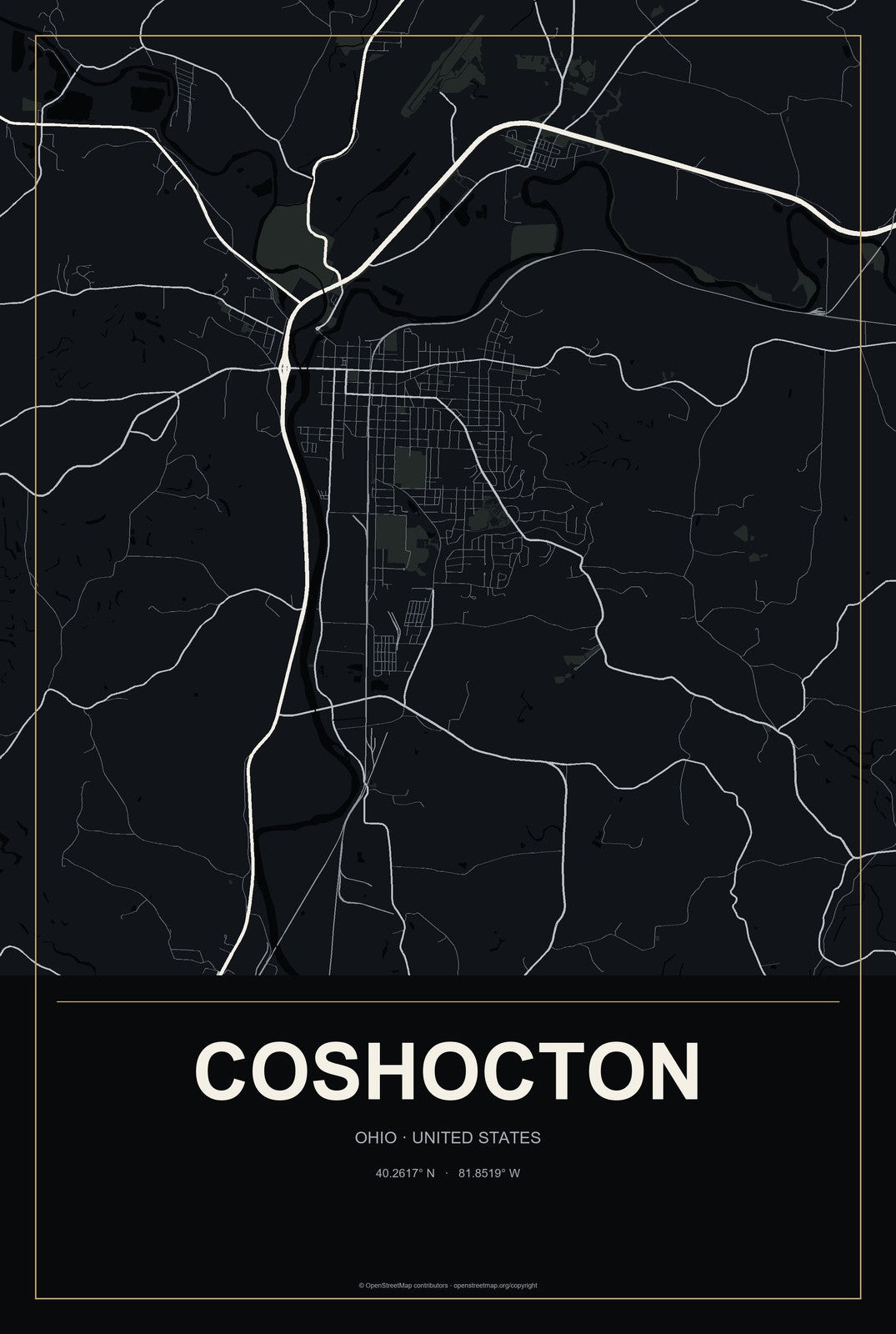 Coshocton, Ohio City Map Aluminum Sign in Metropolitan Noir style