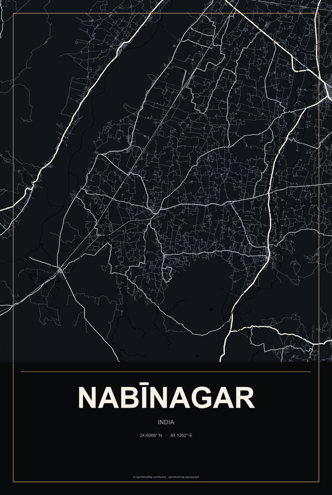 Nabīnagar, India City Map Aluminum Sign in Metropolitan Noir style