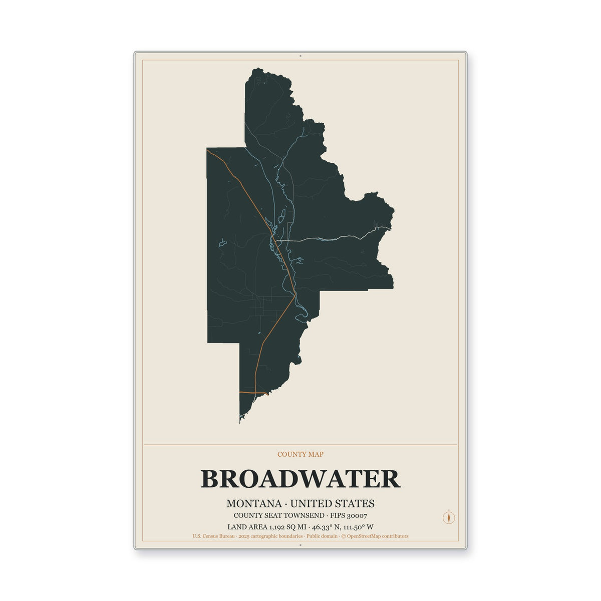 Broadwater County, Montana Map Aluminum Sign in Headline Atlas style