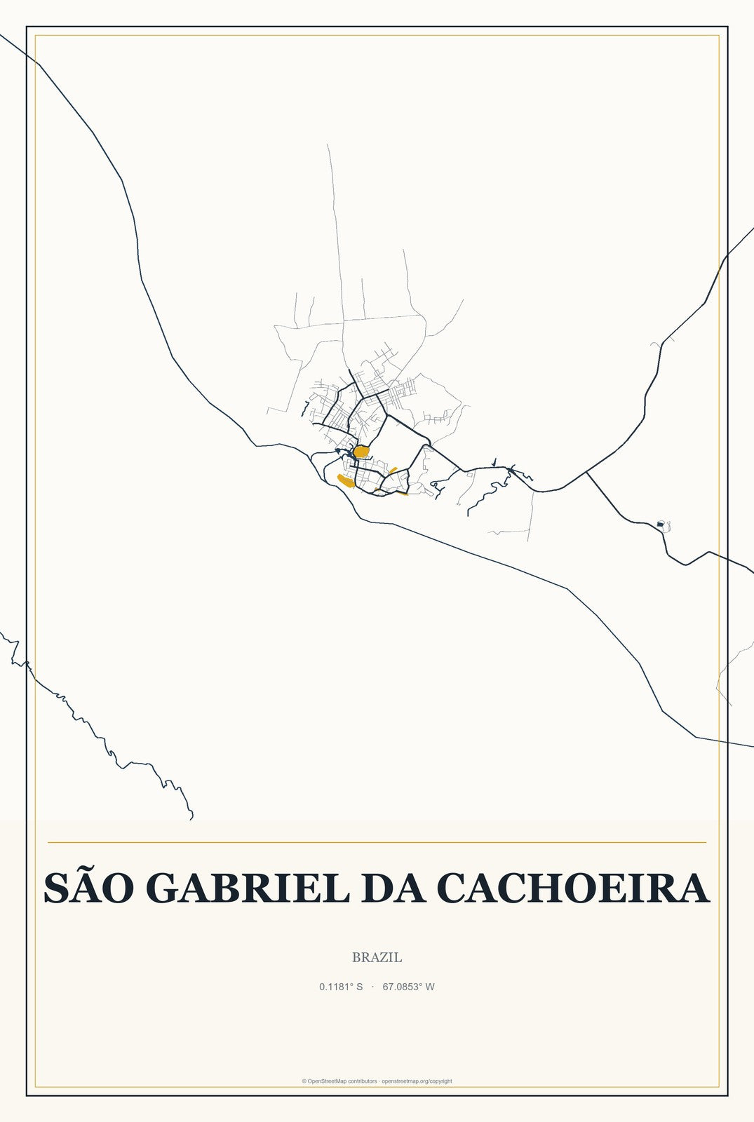 São Gabriel da Cachoeira, Brazil City Map Aluminum Sign in Citrine Modern style