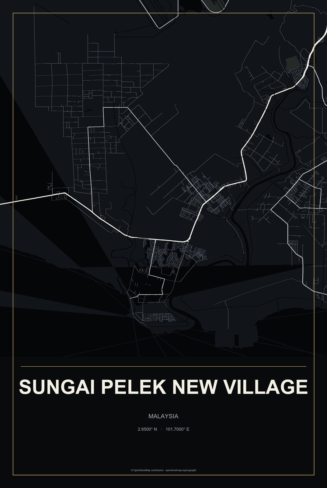 Sungai Pelek New Village, Malaysia City Map Aluminum Sign in Metropolitan Noir style