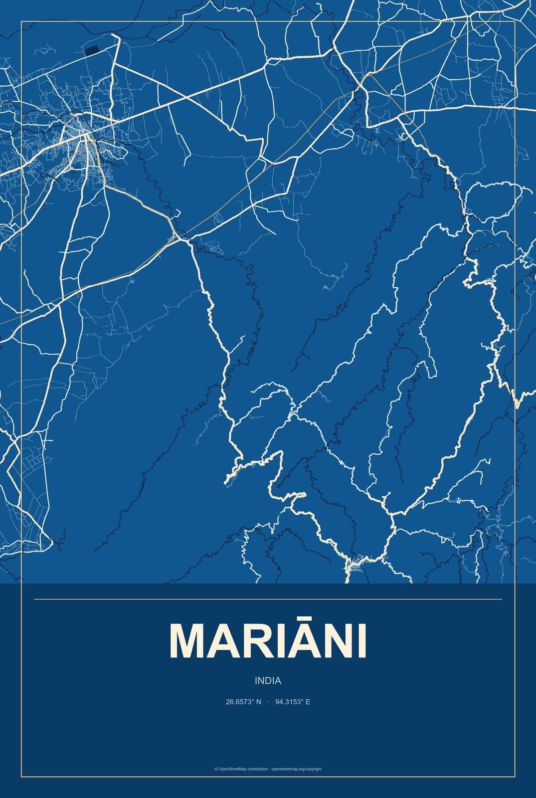 Mariāni, India City Map Aluminum Sign in Harbor Cobalt style