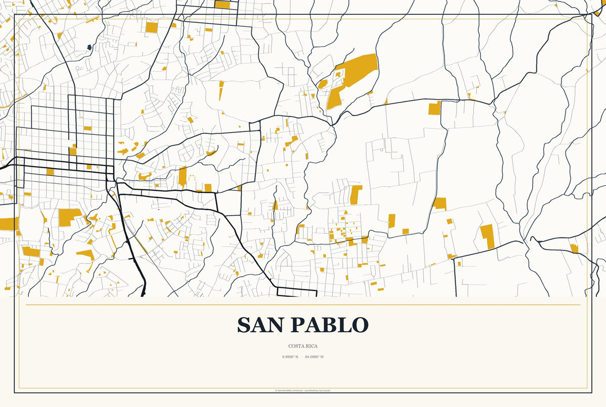 San Pablo, Costa Rica City Map Aluminum Sign in Citrine Modern style