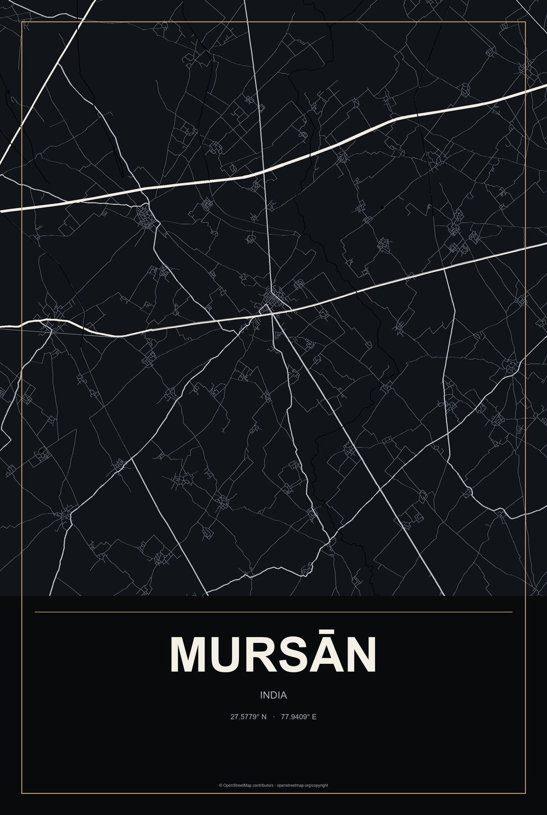 Mursān, India City Map Aluminum Sign in Metropolitan Noir style
