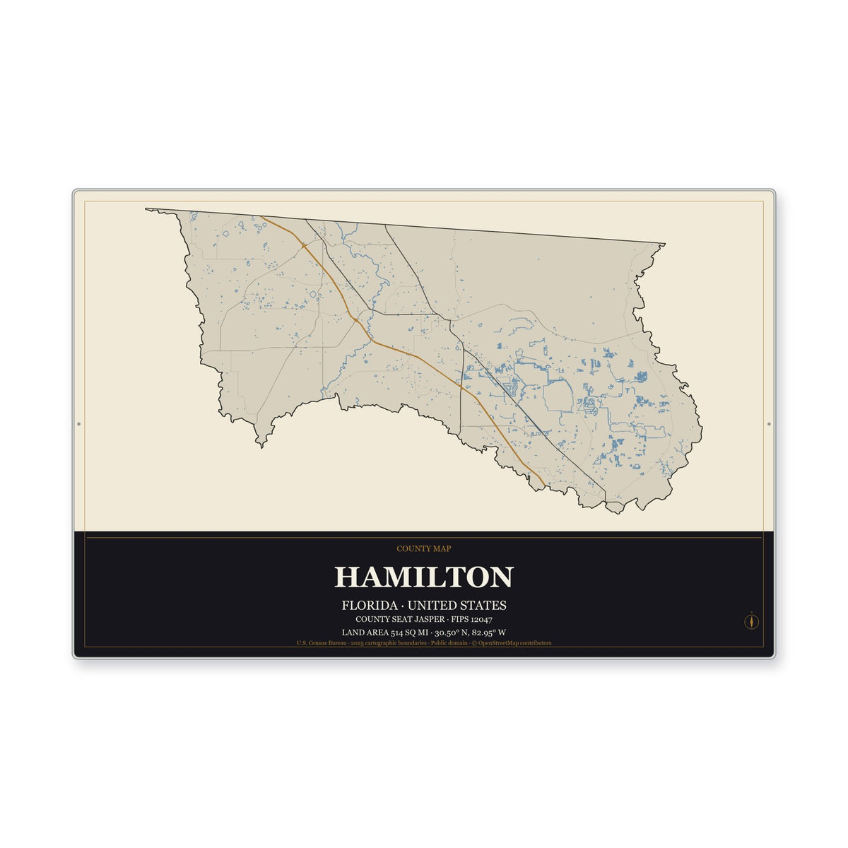Hamilton County, Florida Map Aluminum Sign in Museum Plaque style