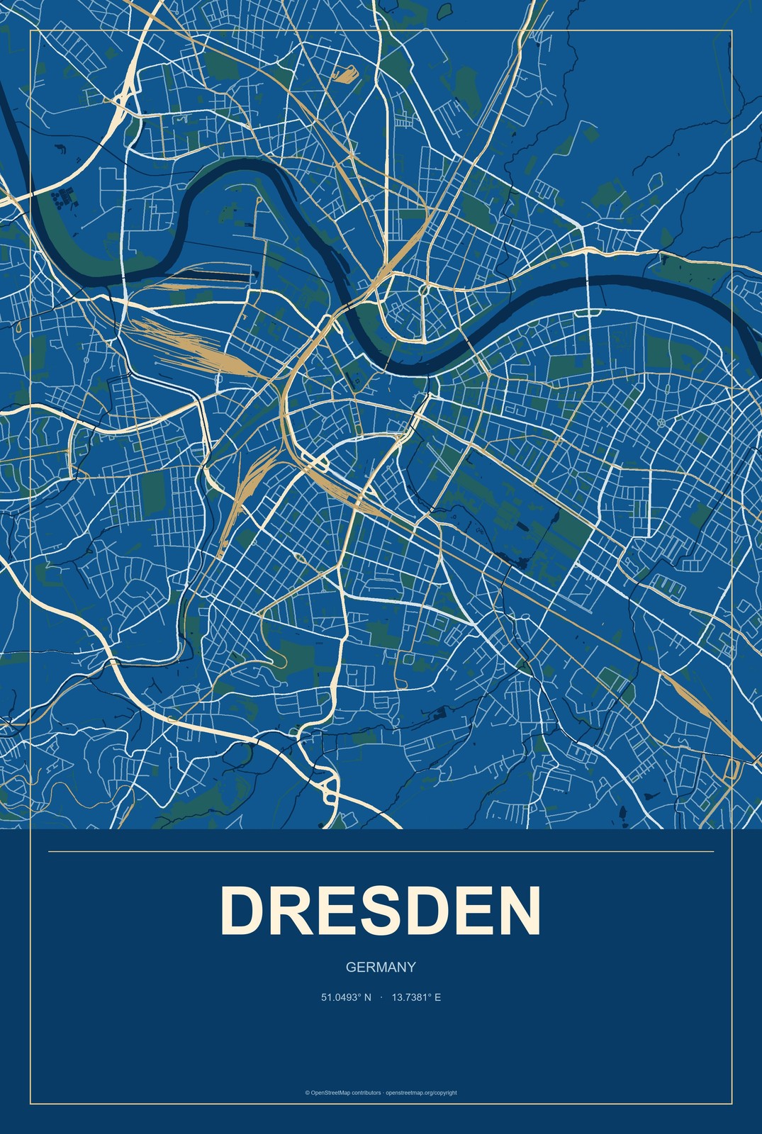 Dresden, Germany City Map Aluminum Sign in Harbor Cobalt style