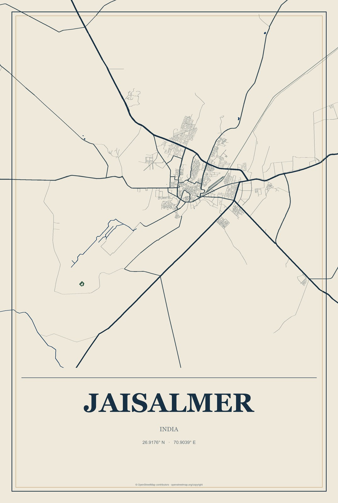 Jaisalmer, India City Map Aluminum Sign in Coastal Cutout style