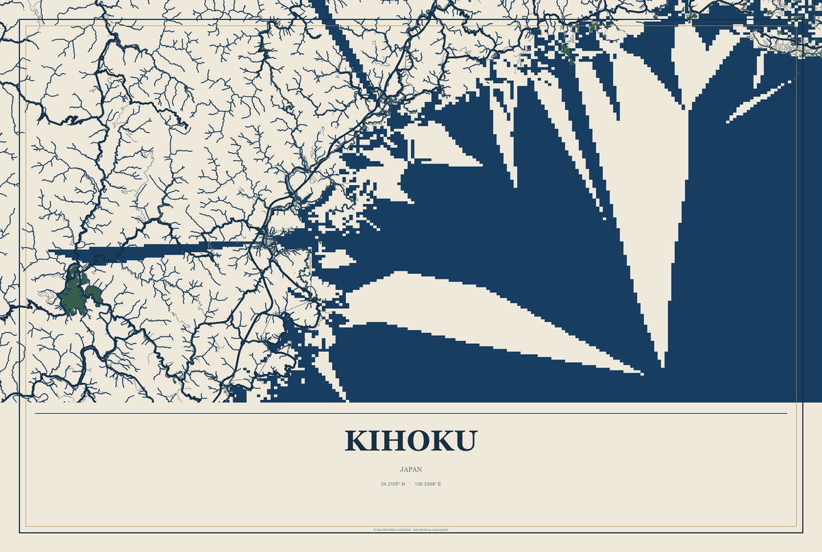Kihoku, Japan City Map Aluminum Sign in Coastal Cutout style