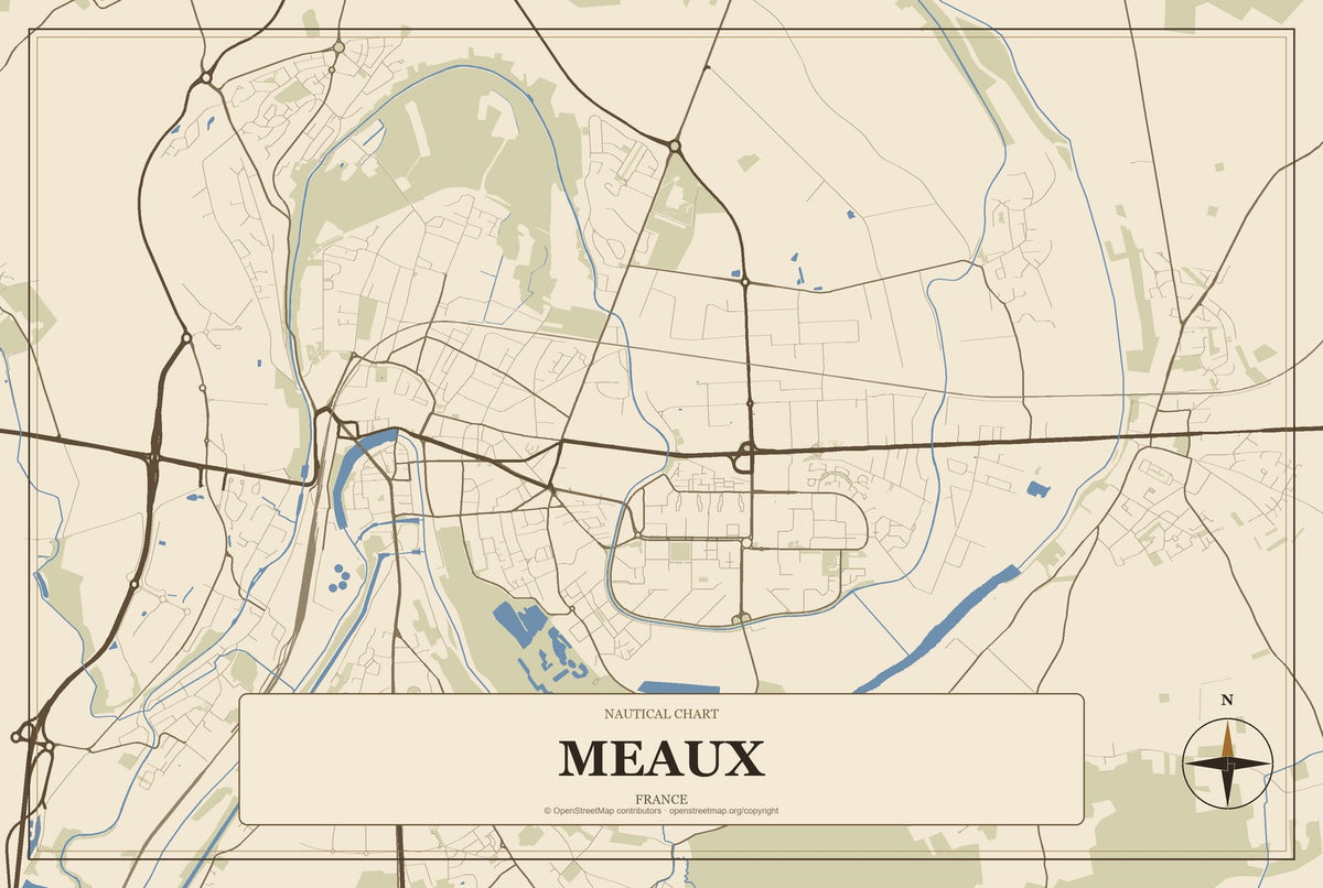 Meaux, France City Map Aluminum Sign in Heritage Nautical style