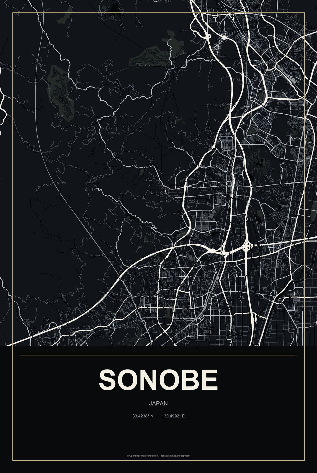 Sonobe, Japan City Map Aluminum Sign in Metropolitan Noir style