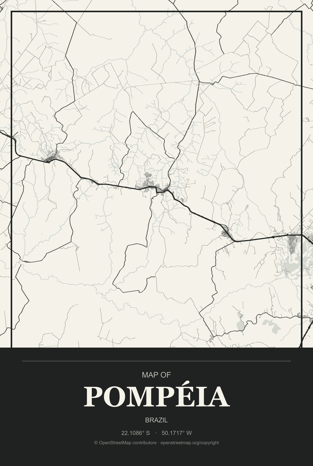 Pompéia, Brazil City Map Aluminum Sign in Museum Plaque style