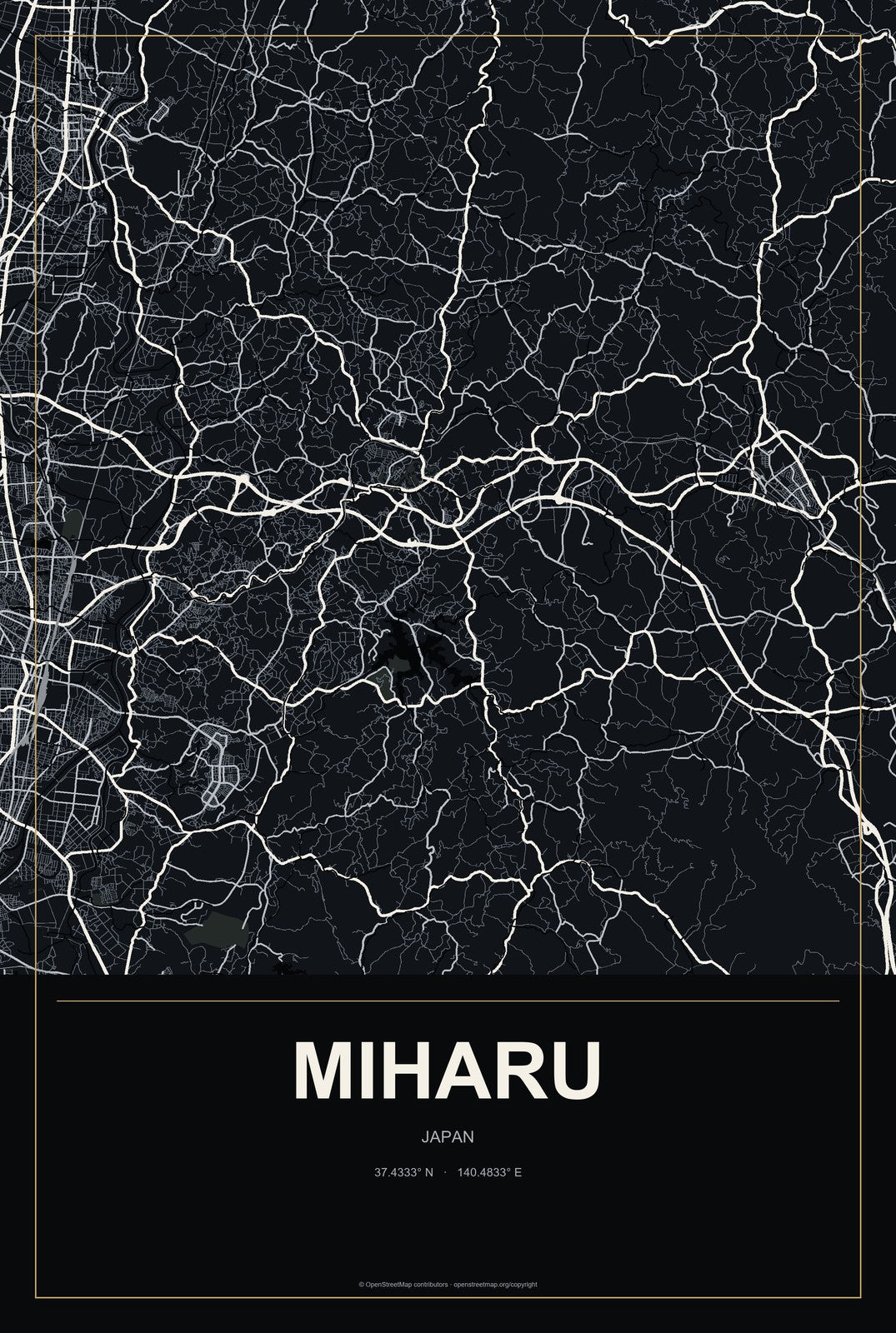 Miharu, Japan City Map Aluminum Sign in Metropolitan Noir style