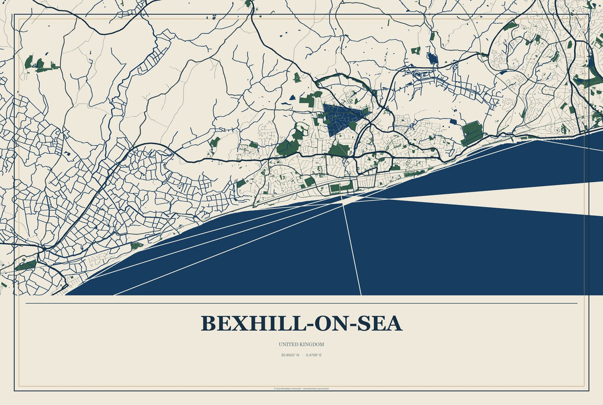 Bexhill-on-Sea, United Kingdom City Map Aluminum Sign in Coastal Cutout style