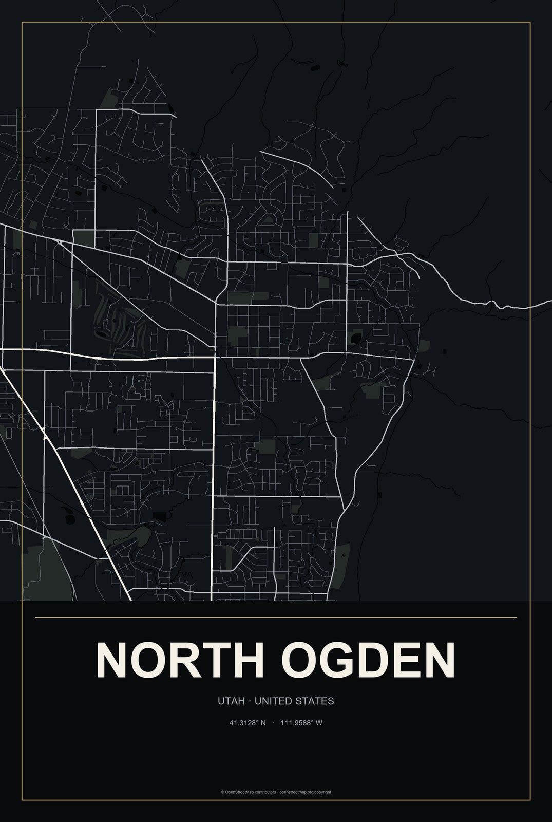 North Ogden, Utah City Map Aluminum Sign in Metropolitan Noir style