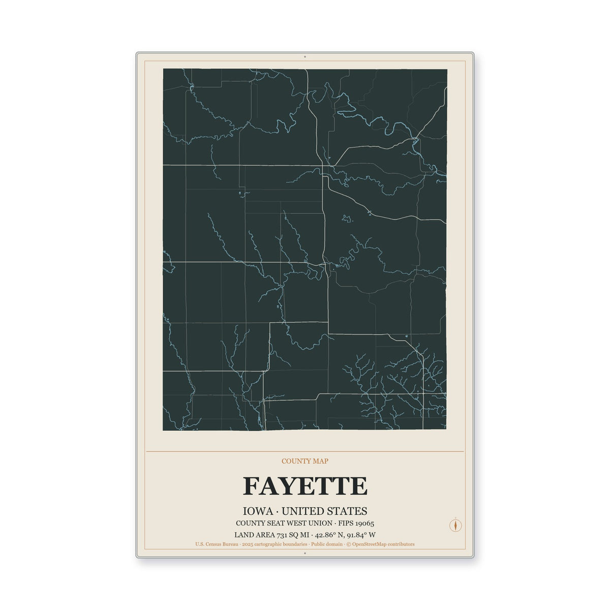 Fayette County, Iowa Map Aluminum Sign in Headline Atlas style
