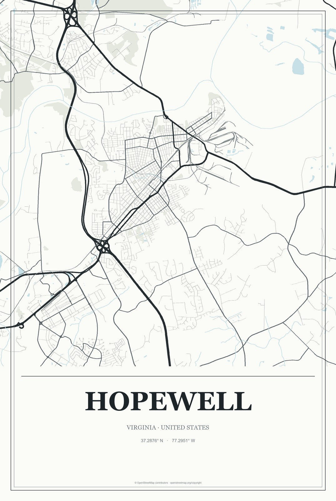 Hopewell, Virginia City Map Aluminum Sign in Gallery Air style