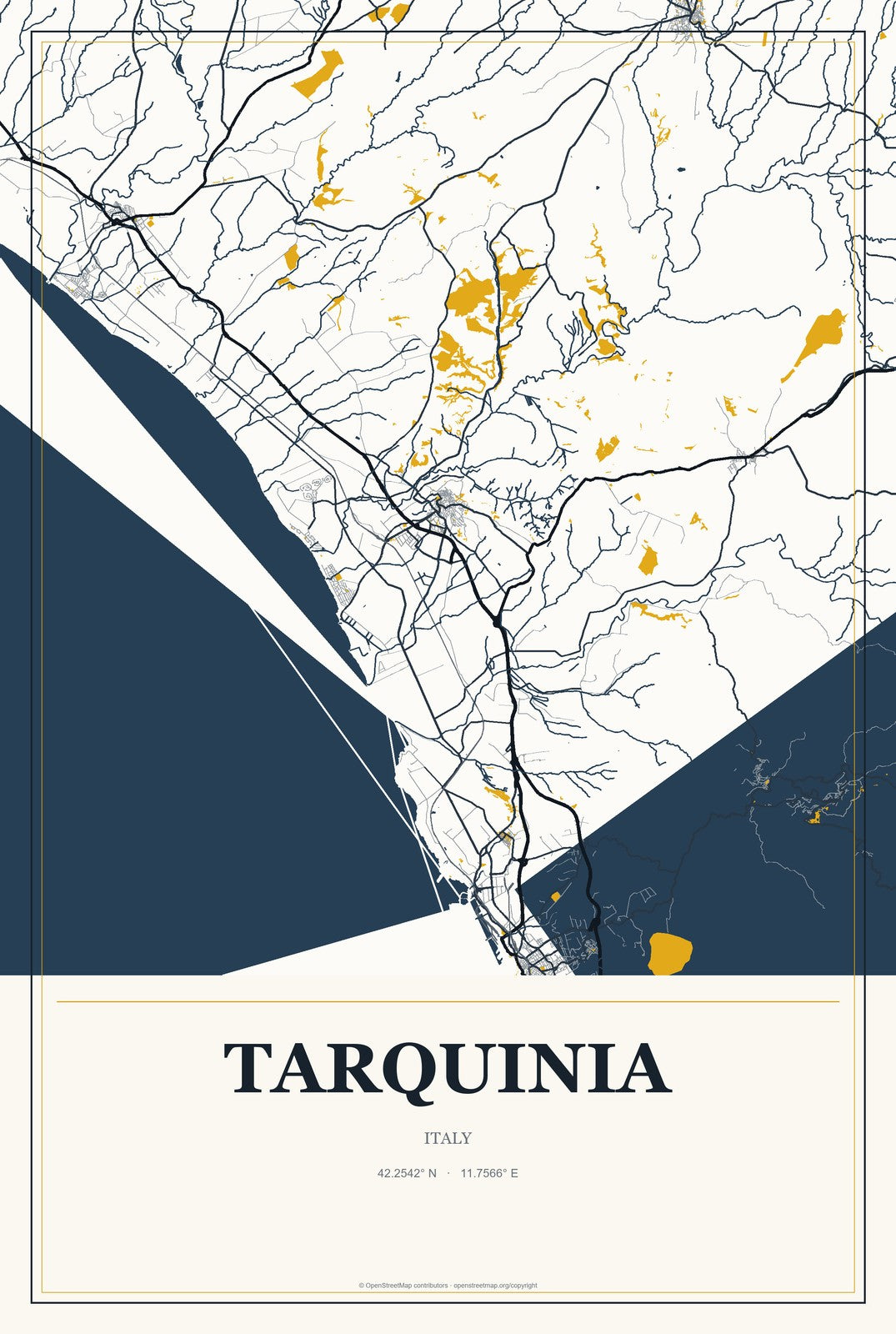 Tarquinia, Italy City Map Aluminum Sign in Citrine Modern style
