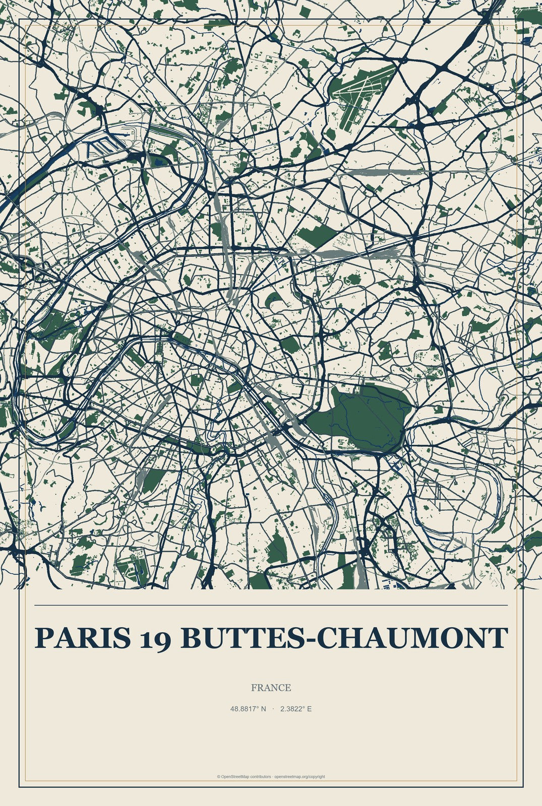 Paris 19 Buttes-Chaumont, France City Map Aluminum Sign in Coastal Cutout style