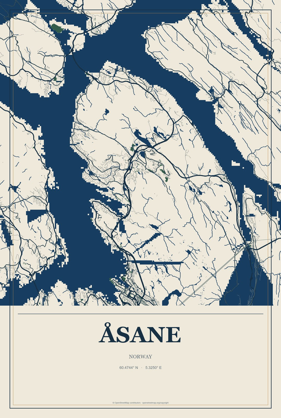 Åsane, Norway City Map Aluminum Sign in Coastal Cutout style