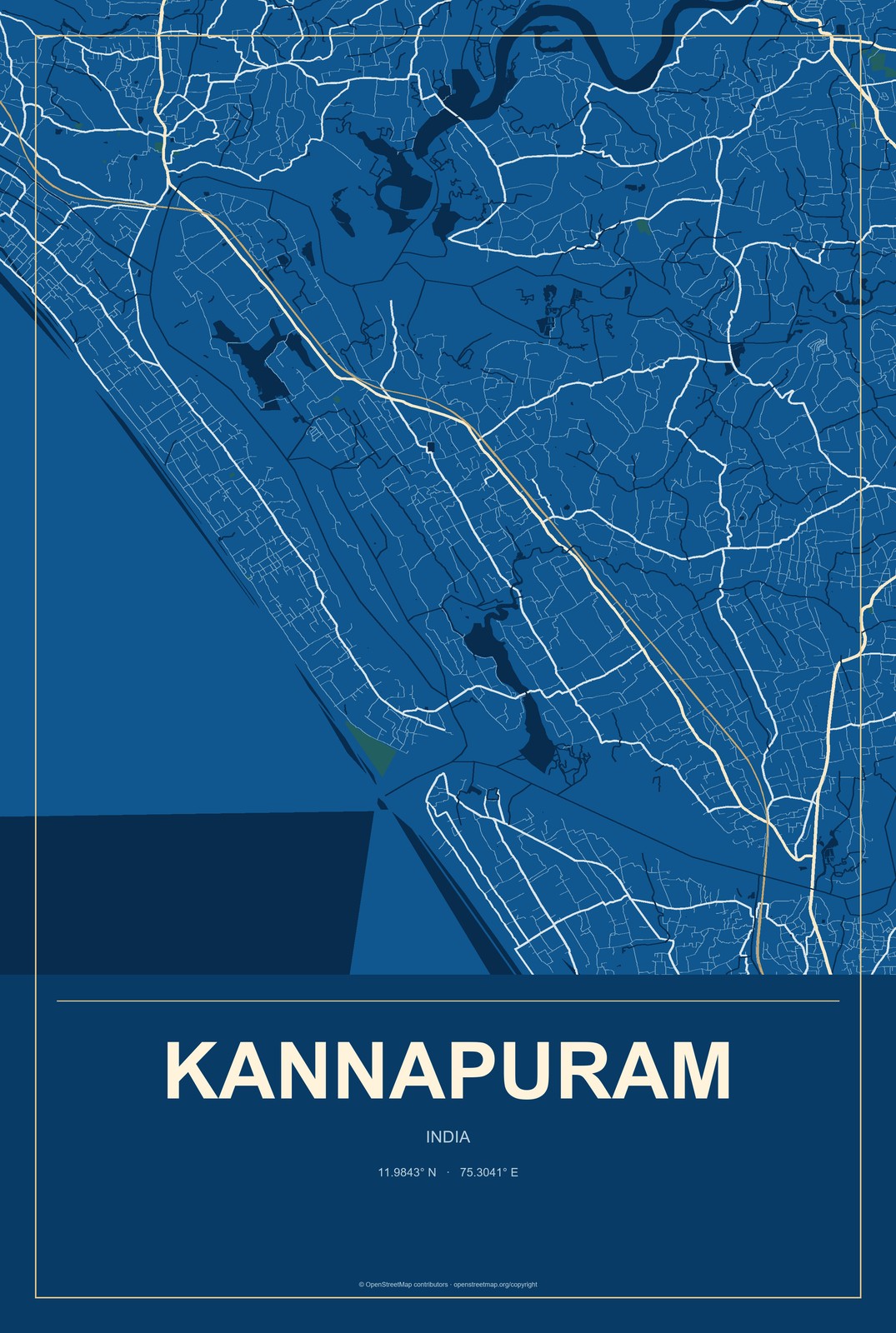 Kannapuram, India City Map Aluminum Sign in Harbor Cobalt style