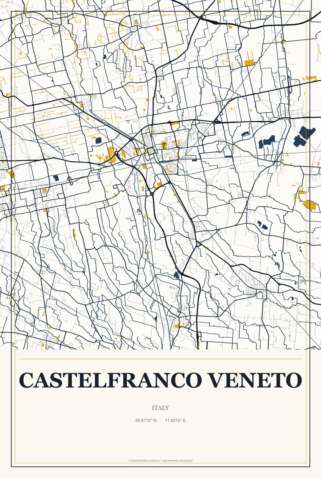 Castelfranco Veneto, Italy City Map Aluminum Sign in Citrine Modern style