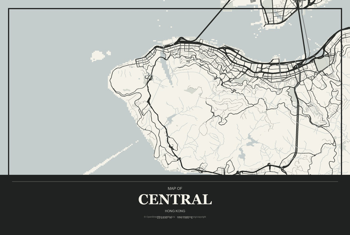 Central, Hong Kong City Map Aluminum Sign in Museum Plaque style