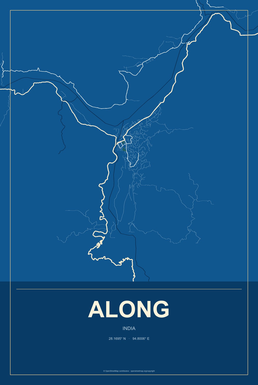 Along, India City Map Aluminum Sign in Harbor Cobalt style