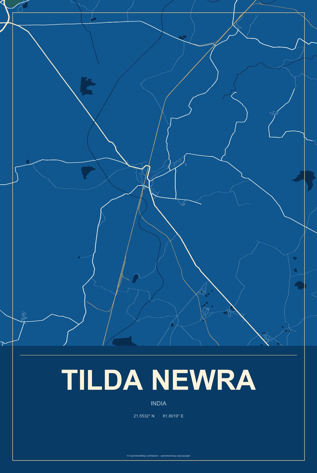 Tilda Newra, India City Map Aluminum Sign in Harbor Cobalt style