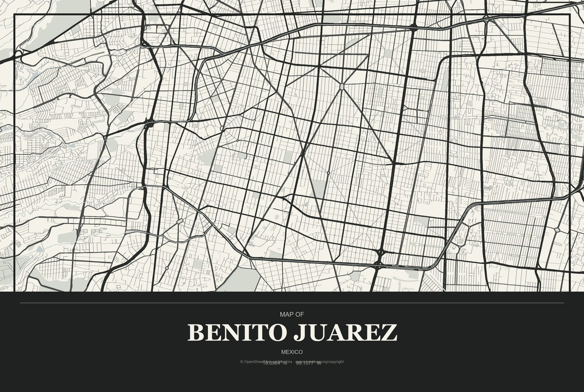 Benito Juarez, Mexico City Map Aluminum Sign in Museum Plaque style