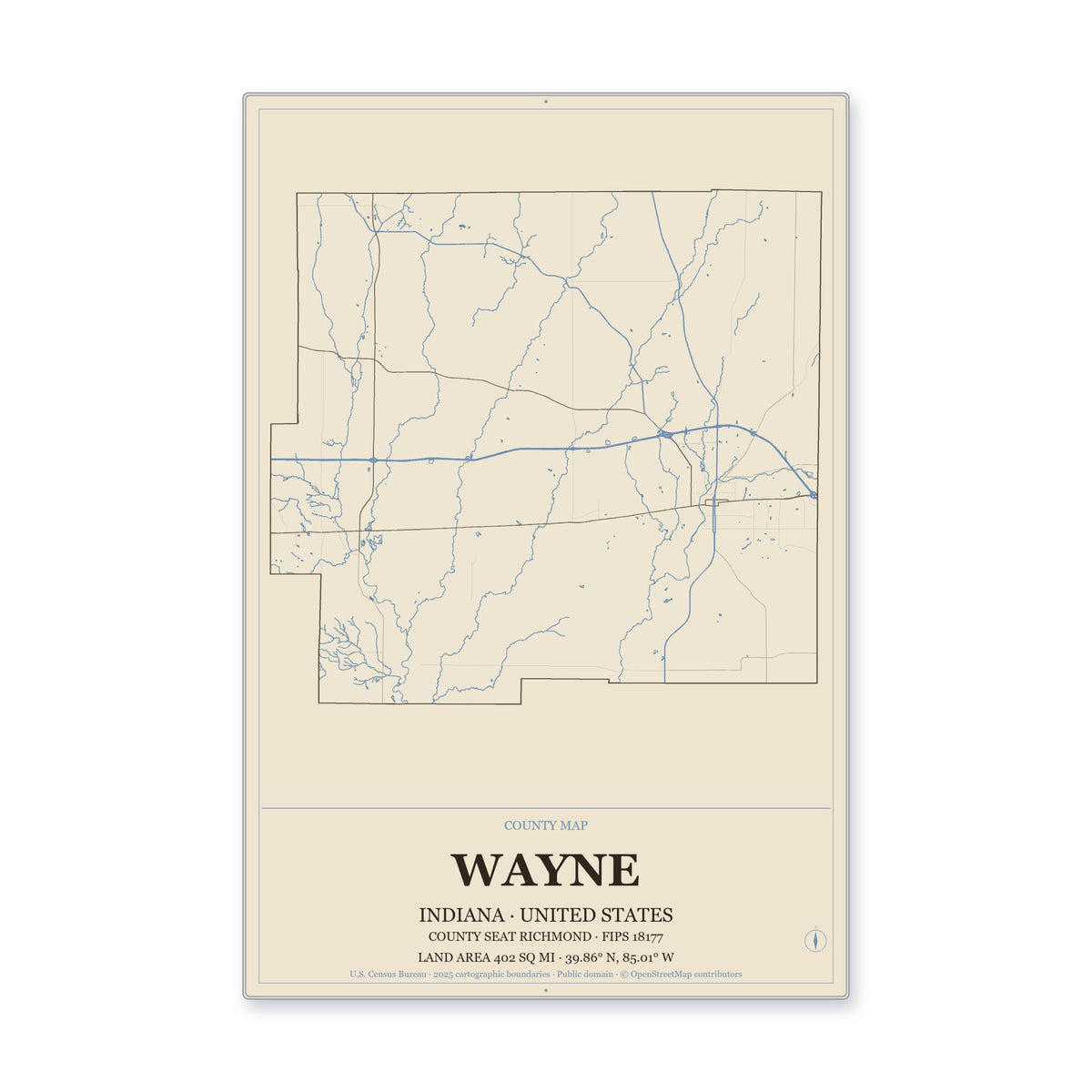 Wayne County, Indiana Map Aluminum Sign in Heritage Nautical style
