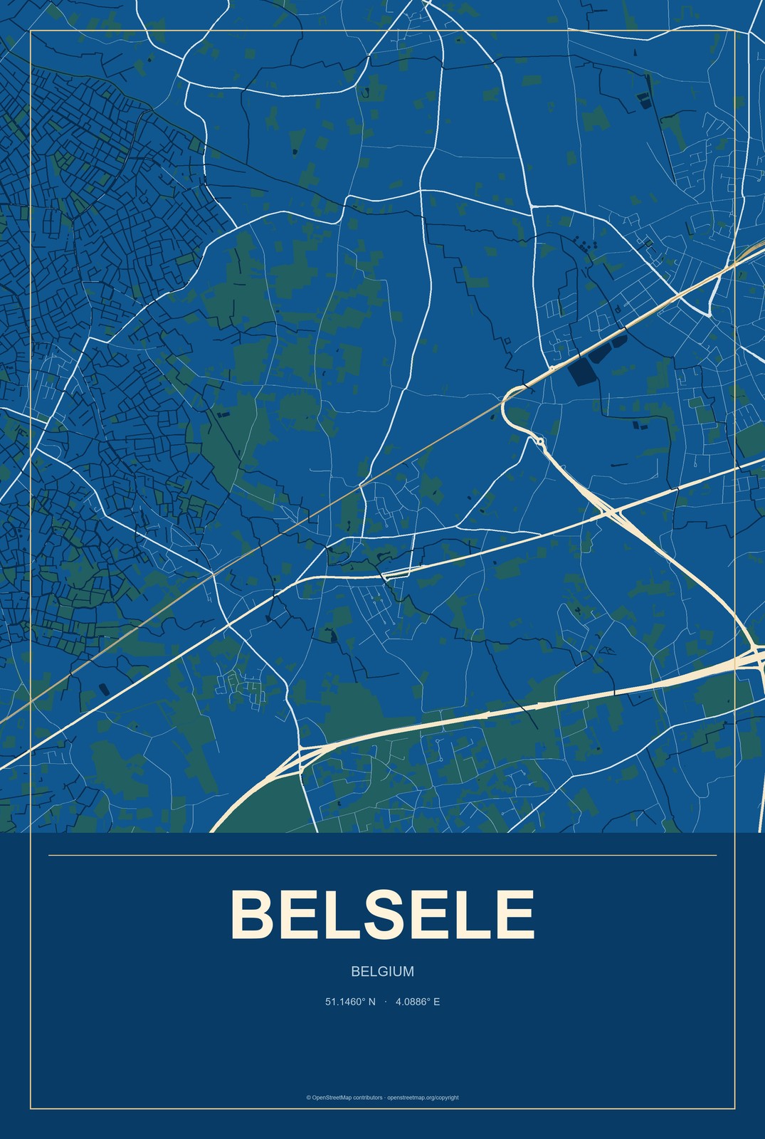 Belsele, Belgium City Map Aluminum Sign in Harbor Cobalt style