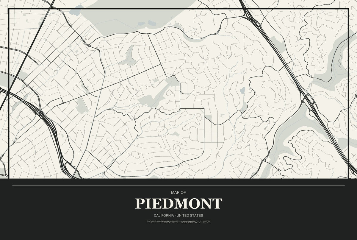 Piedmont, California City Map Aluminum Sign in Museum Plaque style