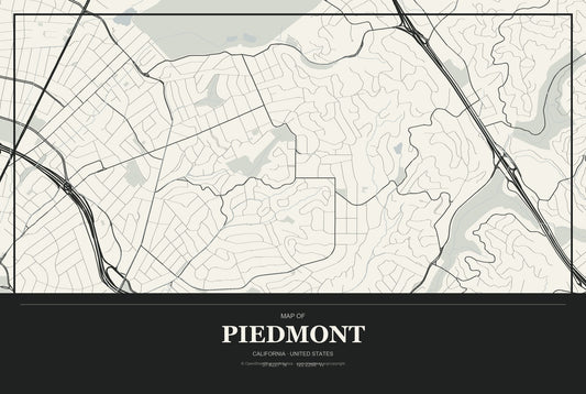 Piedmont, California City Map Aluminum Sign in Museum Plaque style