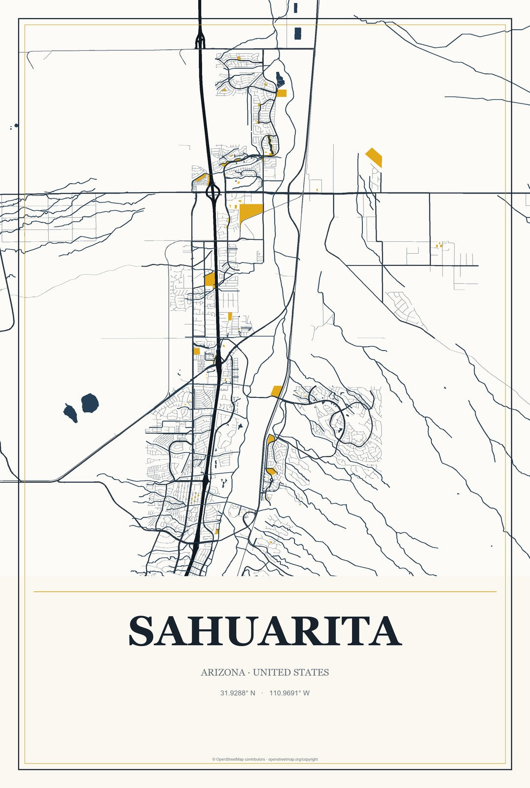 Sahuarita, Arizona City Map Aluminum Sign in Citrine Modern style