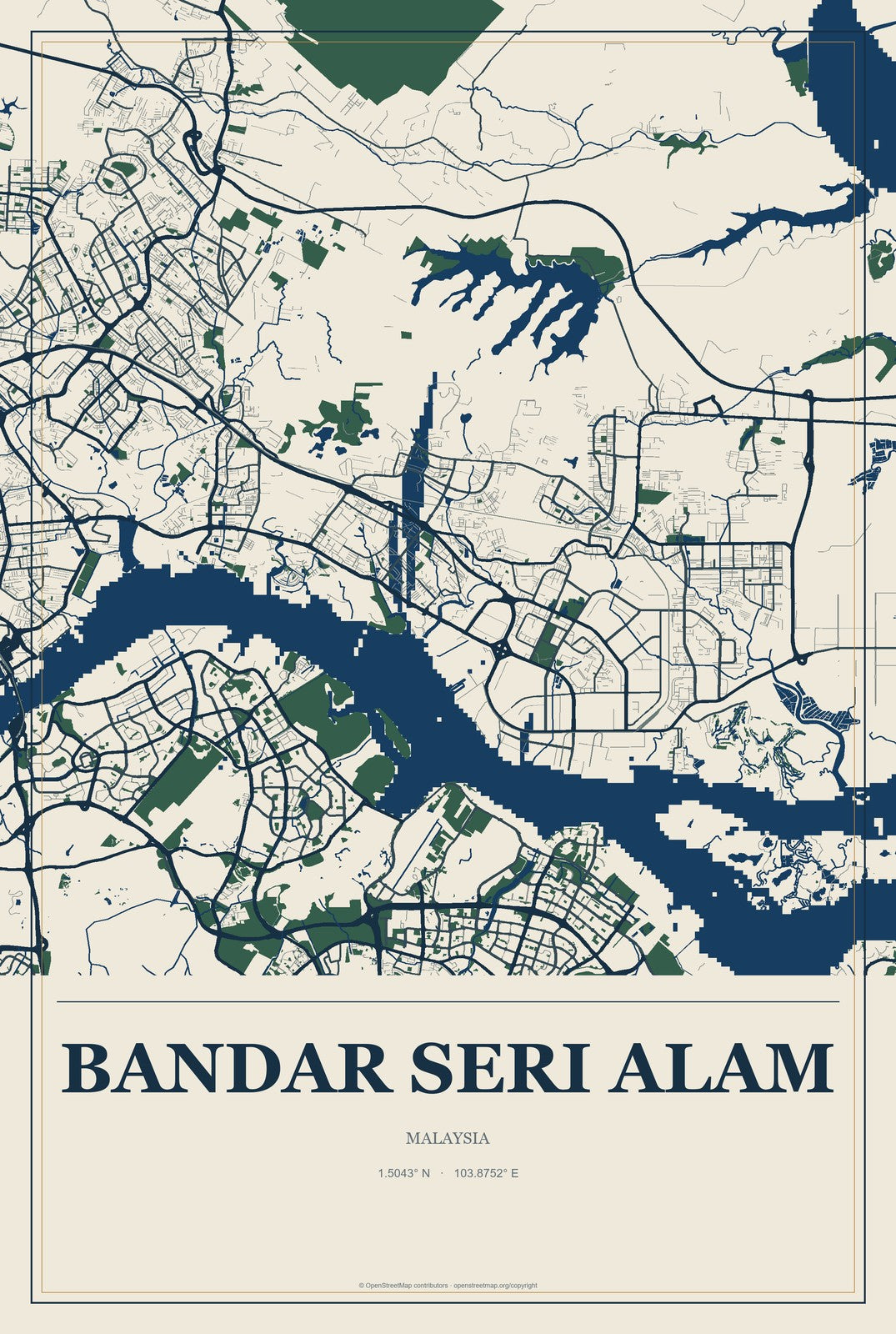 Bandar Seri Alam, Malaysia City Map Aluminum Sign in Coastal Cutout style