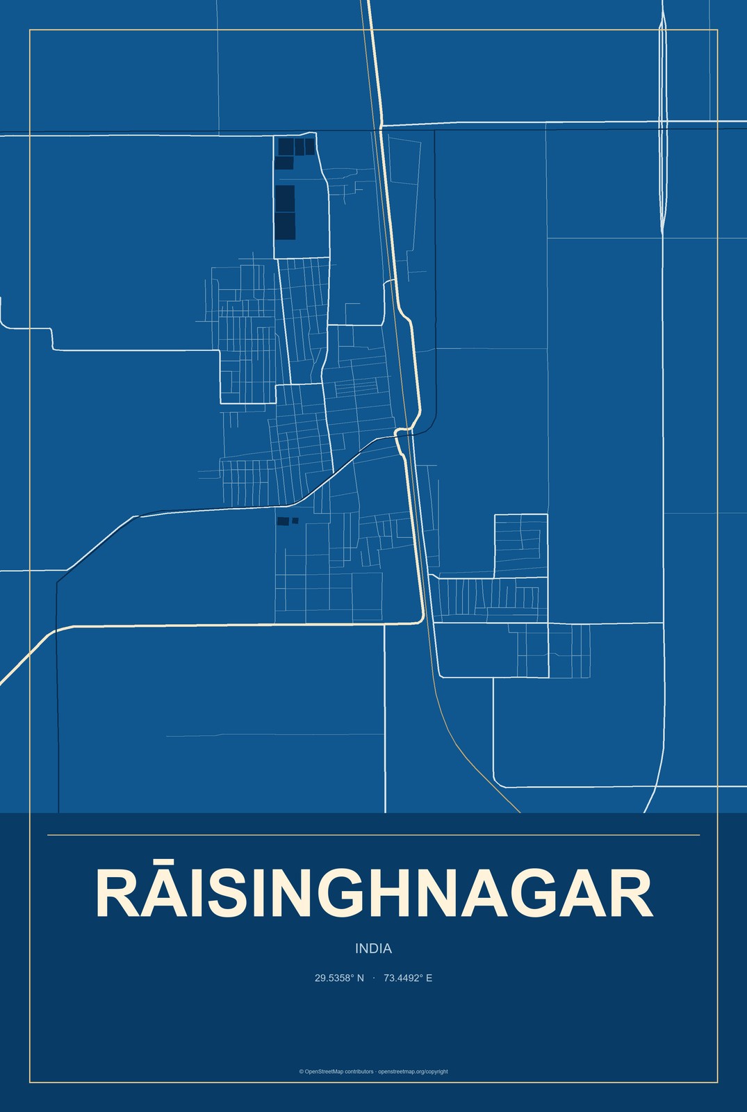 Rāisinghnagar, India City Map Aluminum Sign in Harbor Cobalt style