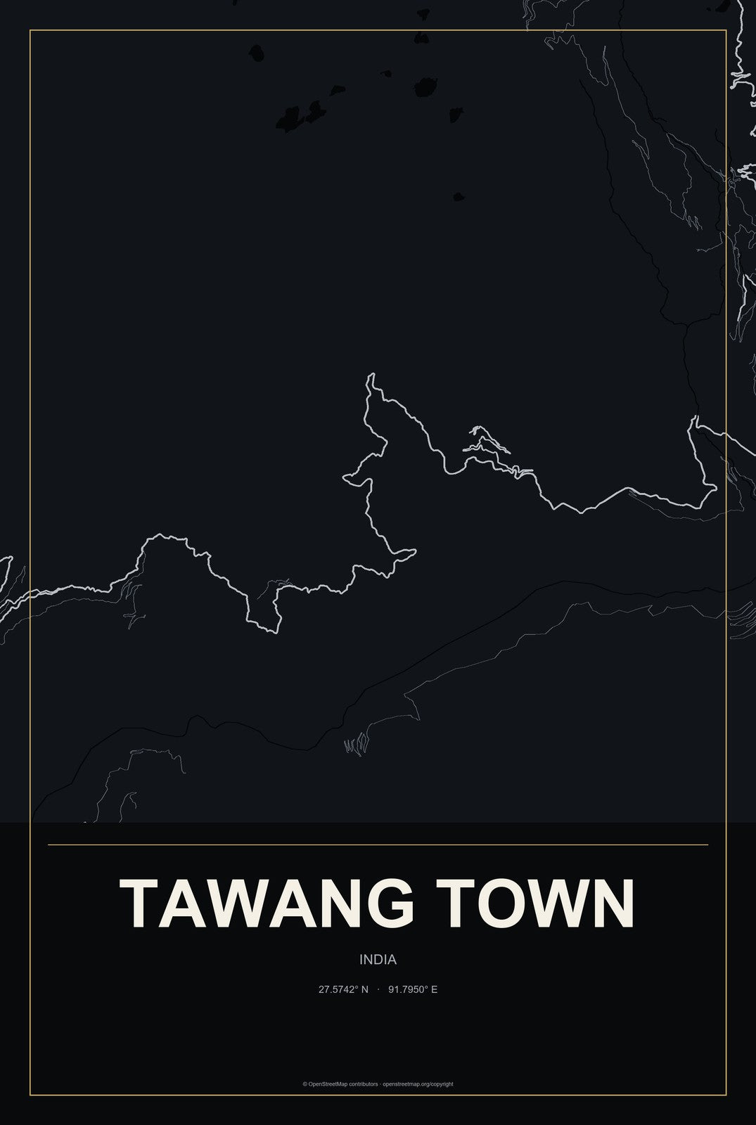 Tawang Town, India City Map Aluminum Sign in Metropolitan Noir style
