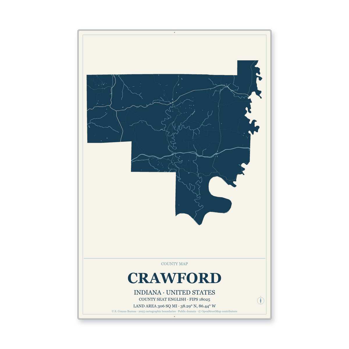 Crawford County, Indiana Map Aluminum Sign in Coastal Cutout style