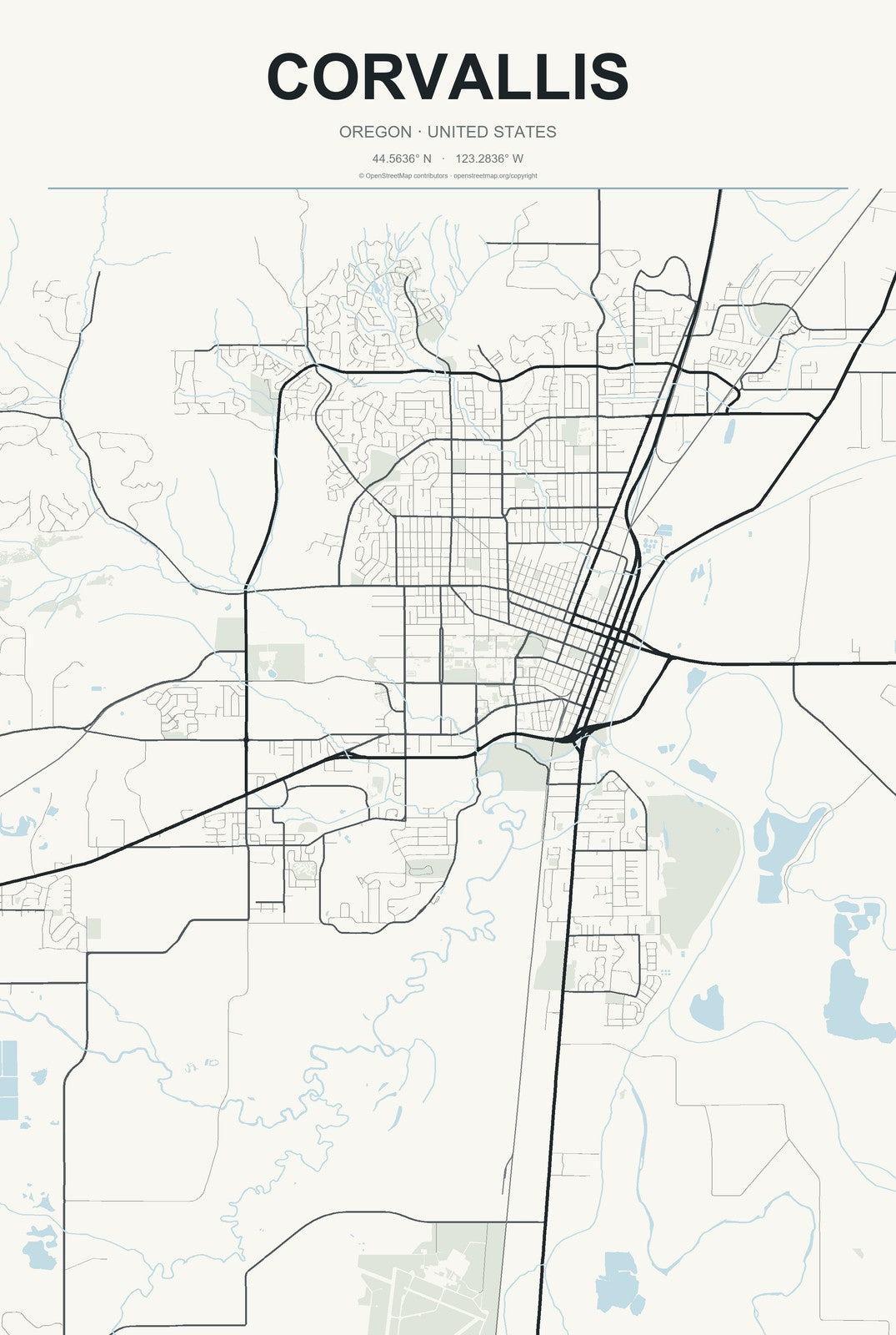 Corvallis, Oregon City Map Aluminum Sign in Headline Atlas style