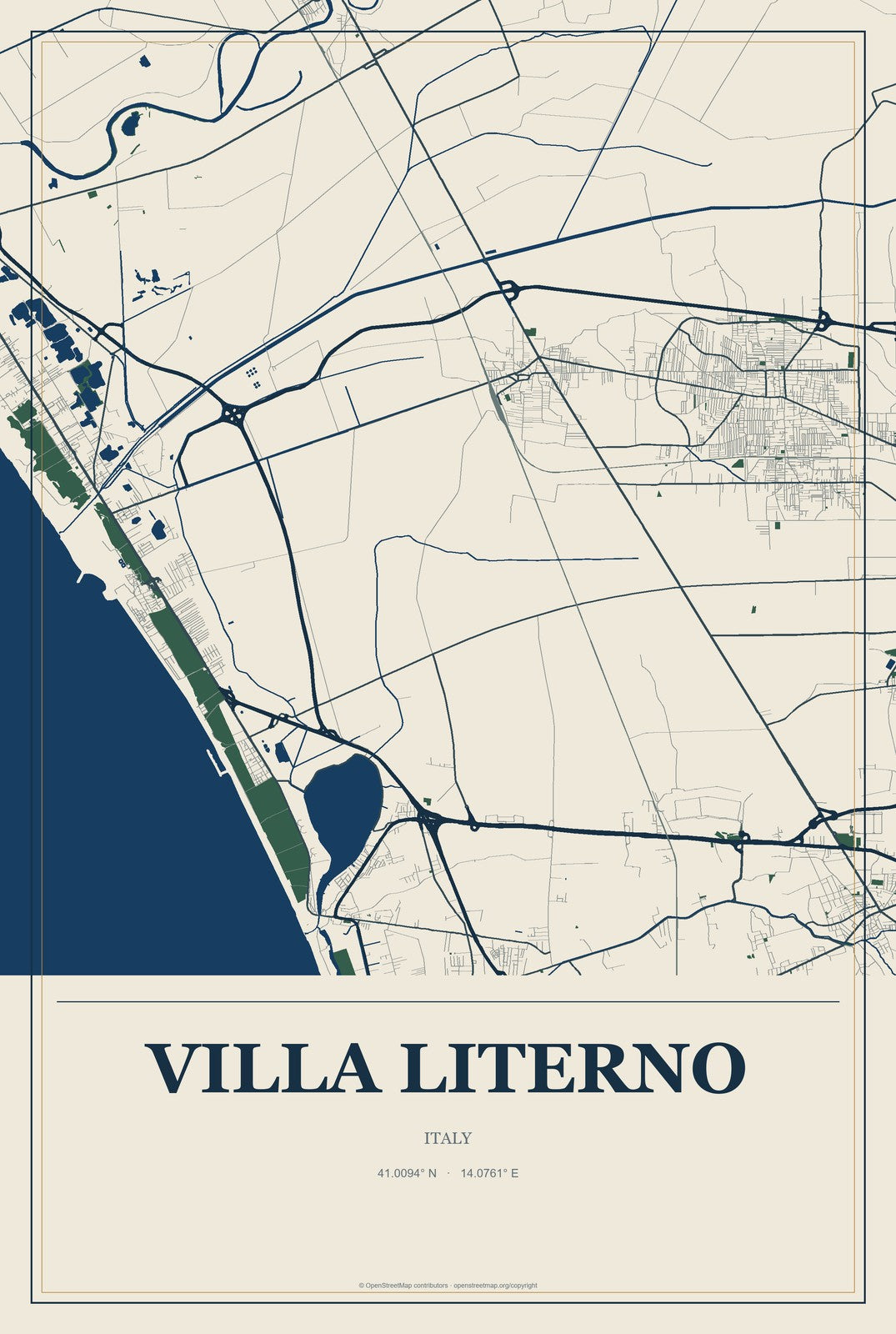 Villa Literno, Italy City Map Aluminum Sign in Coastal Cutout style
