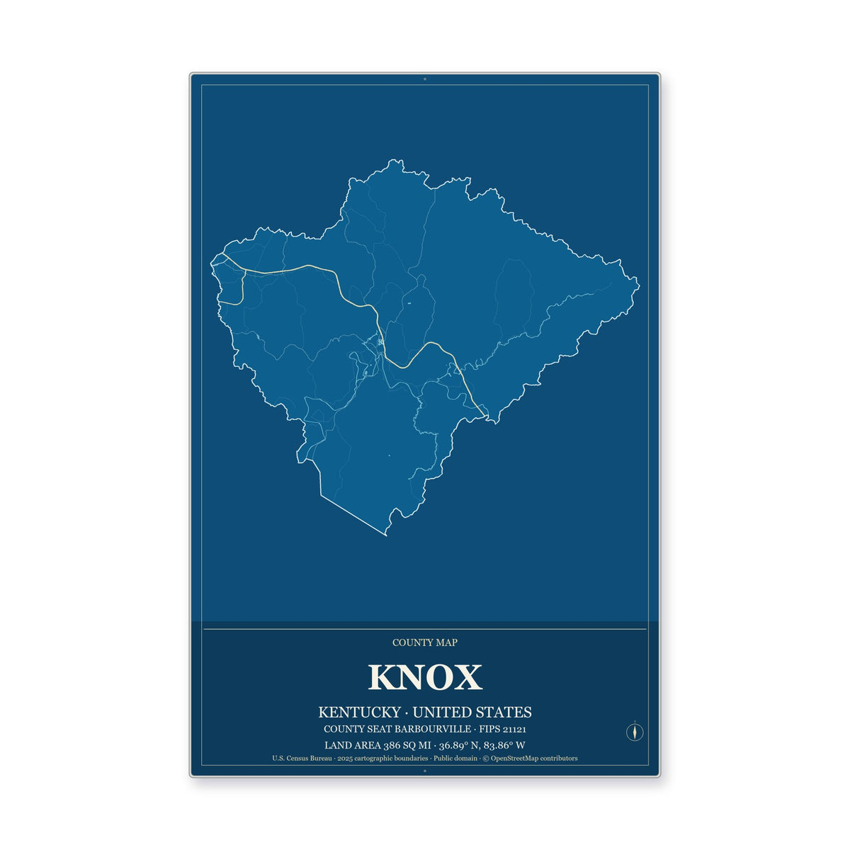 Knox County, Kentucky Map Aluminum Sign in Harbor Cobalt style