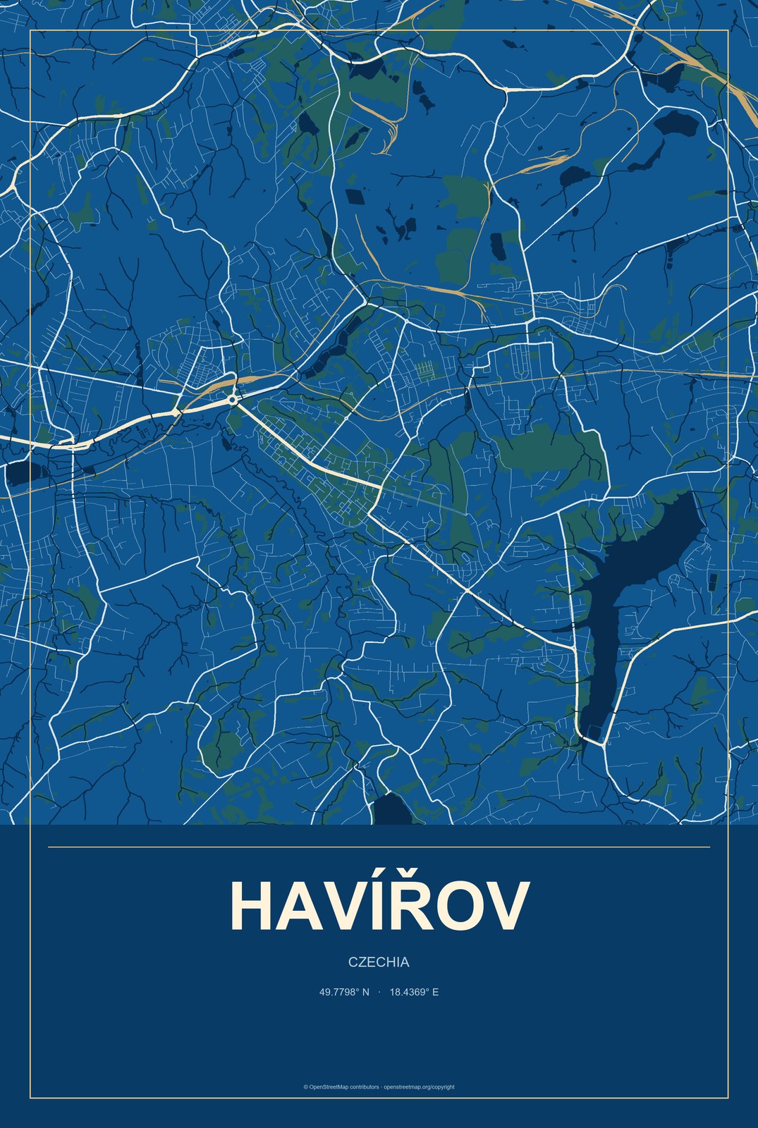 Havířov, Czechia City Map Aluminum Sign in Harbor Cobalt style