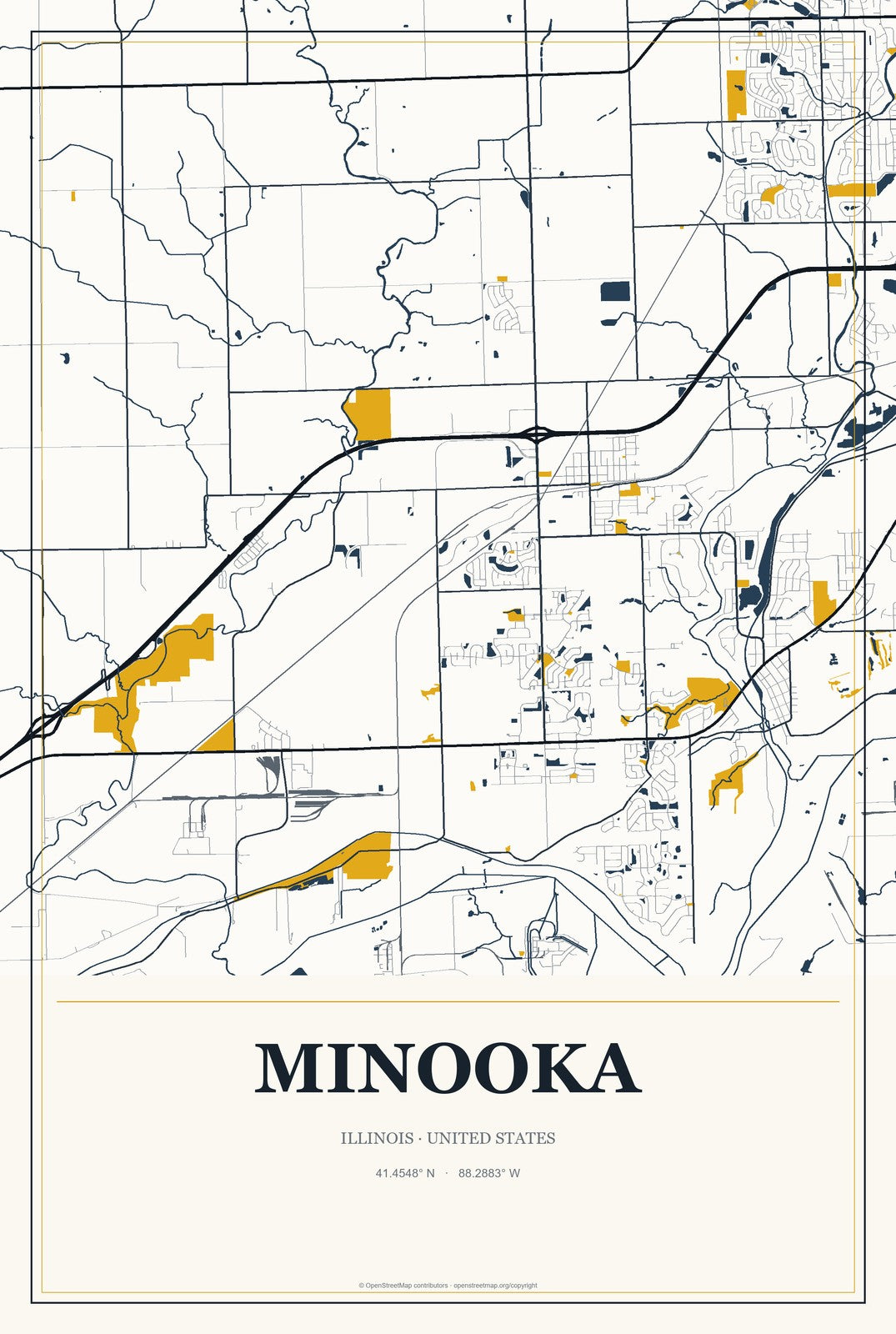 Minooka, Illinois City Map Aluminum Sign in Citrine Modern style