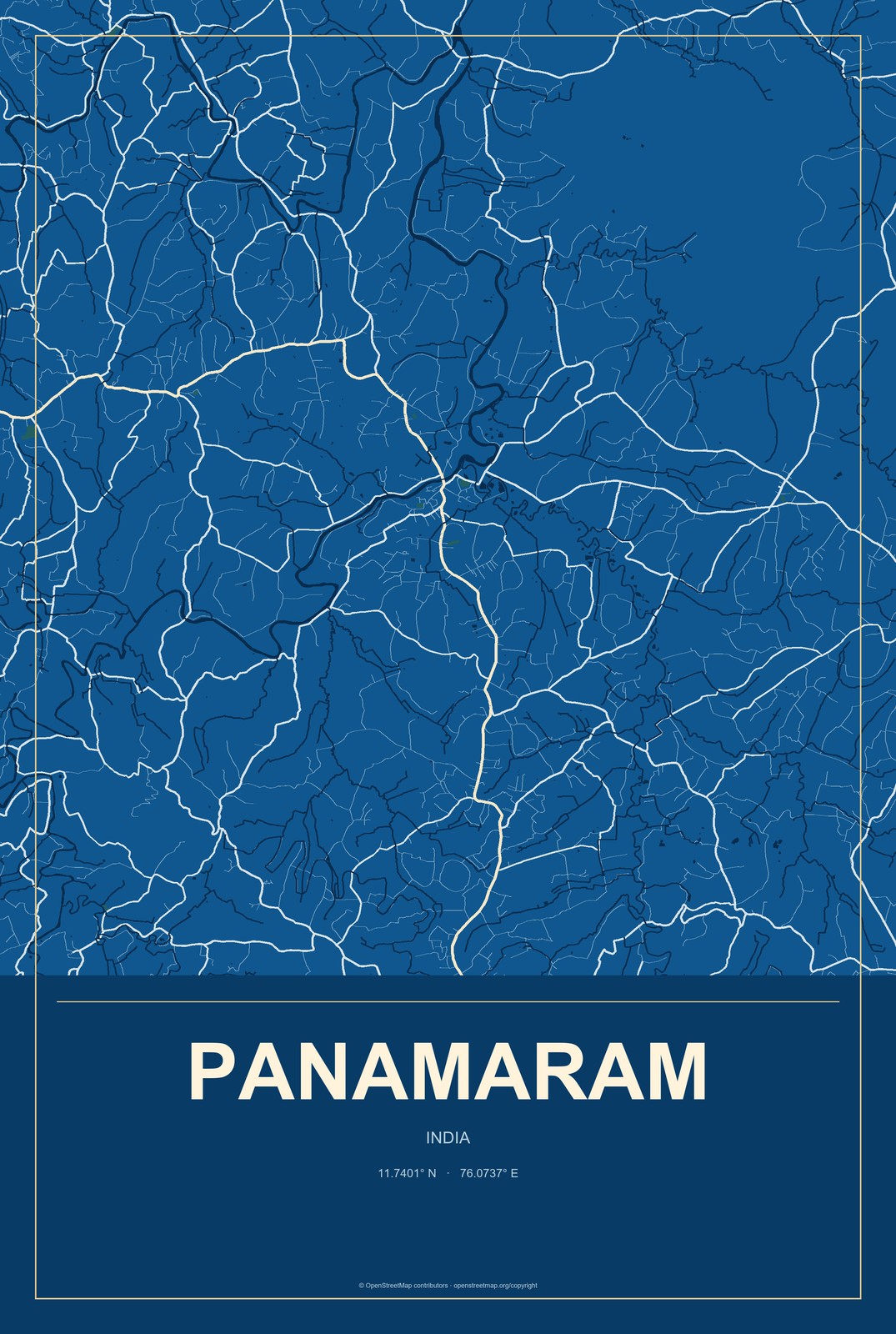 Panamaram, India City Map Aluminum Sign in Harbor Cobalt style