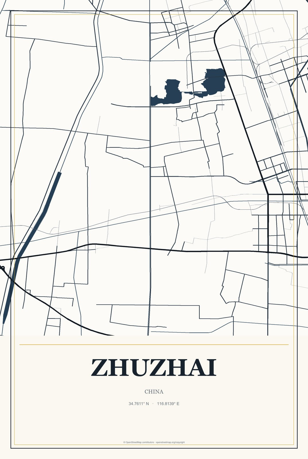 Zhuzhai, China City Map Aluminum Sign in Citrine Modern style