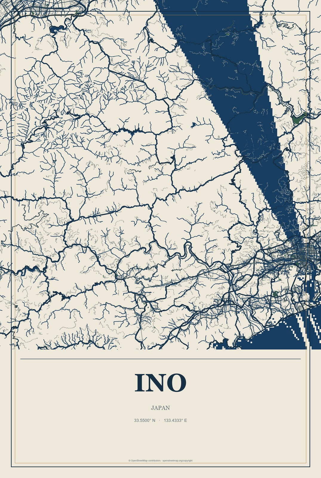 Ino, Japan City Map Aluminum Sign in Coastal Cutout style